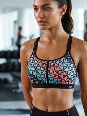 Victoria’s Secret VSX Sport Sports Bra Racerback Size 34 C Geometric Zip Front
